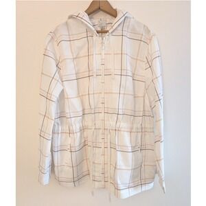 A New Day Womens XL Plaid Hooded Windbreaker Spring Jacket White Tan Grey Zip Up